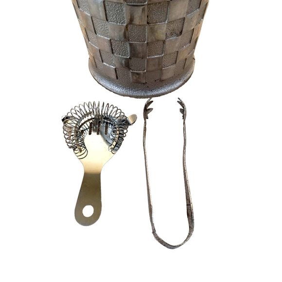 1940's Lined 9"x6.5" Pewter Ice Bucket Glass Lid Utensils Vintage Waffle Design - Picture 2 of 10